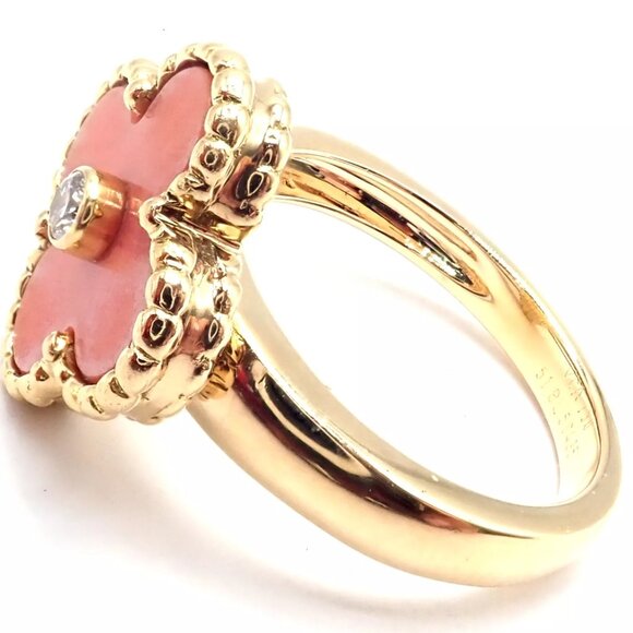 Authentic! Van Cleef & Arpels Alhambra 18k Yellow Gold Coral Diamond Ring PaperA - Picture 5 of 10